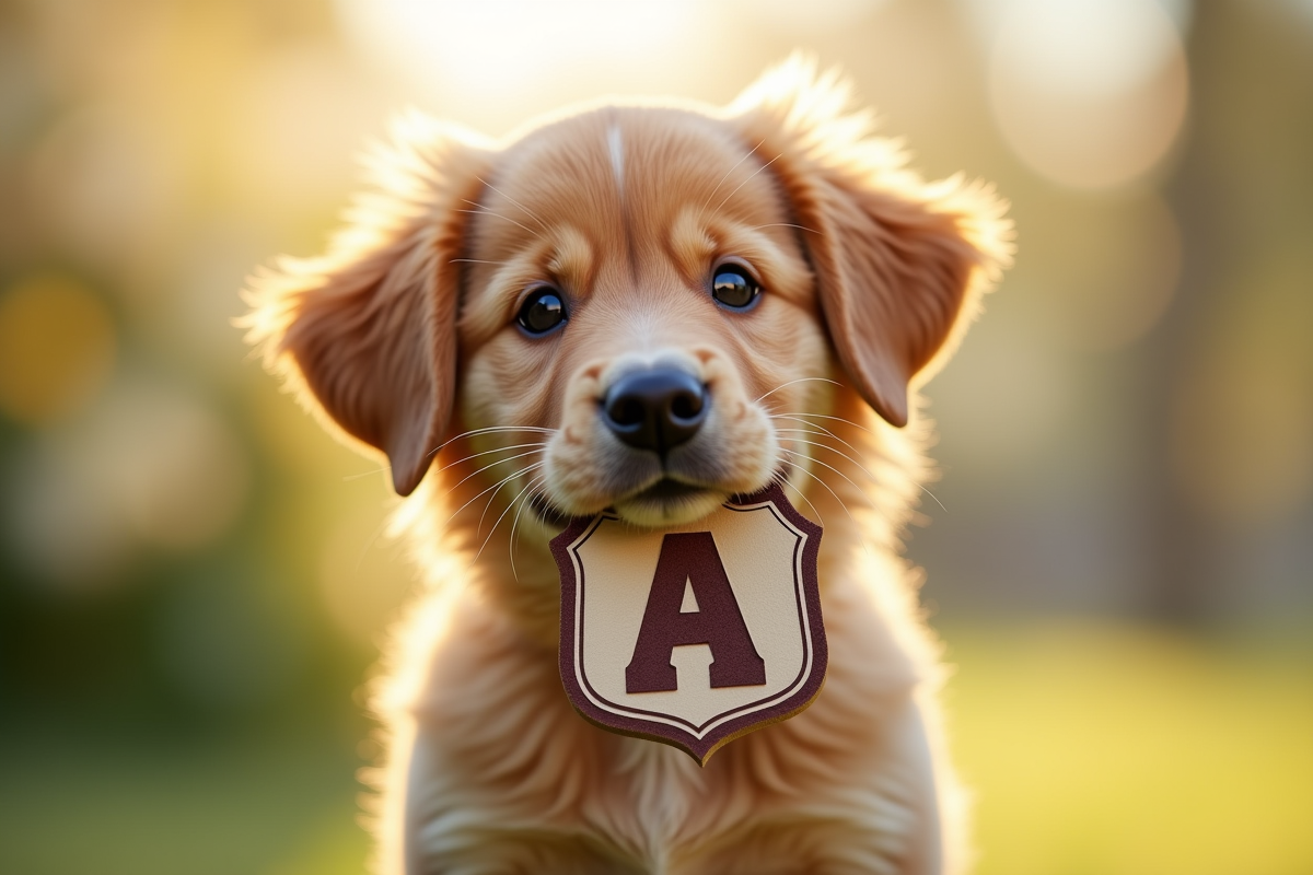 Chiot mâle joyeux tenant un pendentif en forme de A dans la bouche