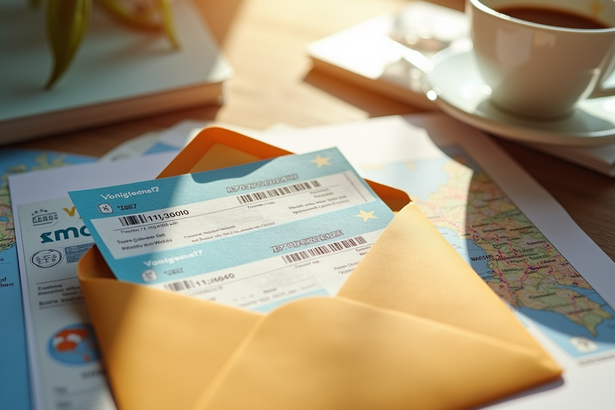Enveloppe avec chèques vacances sur un bureau ensoleille