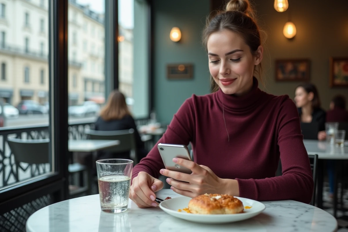 Cliente de café consultant une story Instagram de restaurant local sur son smartphone posé sur une table en marbre avec une pâtisserie