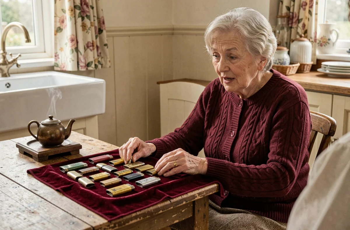 Femme âgée britannique examinant une collection de briquets anciens dans une cuisine de cottage anglais, contexte de dialogue illustratif