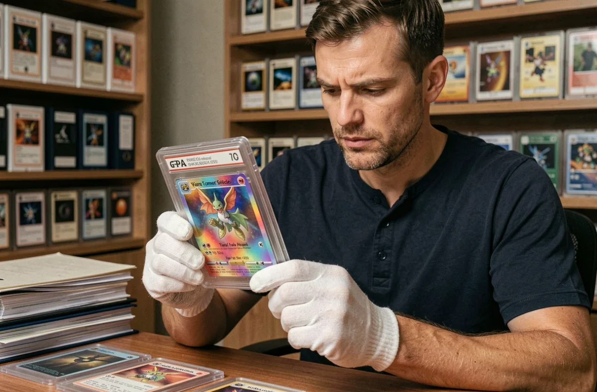 Collectionneur tenant une carte Pokémon rare gradée PSA avec des gants blancs, examinant le hologramme précieux dans son bureau de collection