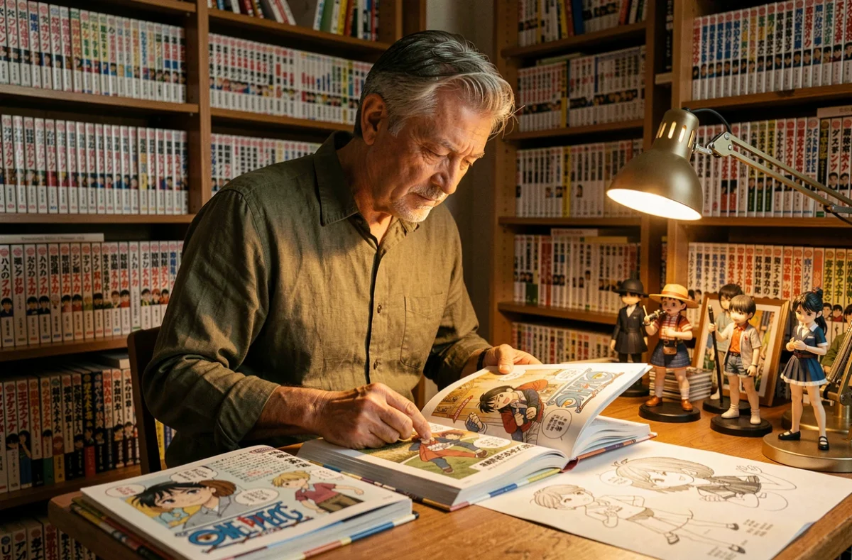 Collectionneur de manga One Piece étudiant un volume dans une bibliothèque japonaise encombrée de figurines, illustrant les théories sur Dragon Monkey D et son fruit du démon