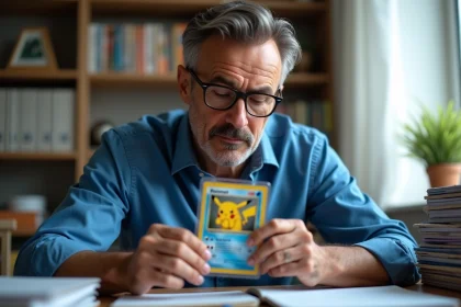 Homme réfléchissant tenant une carte Pokémon rare