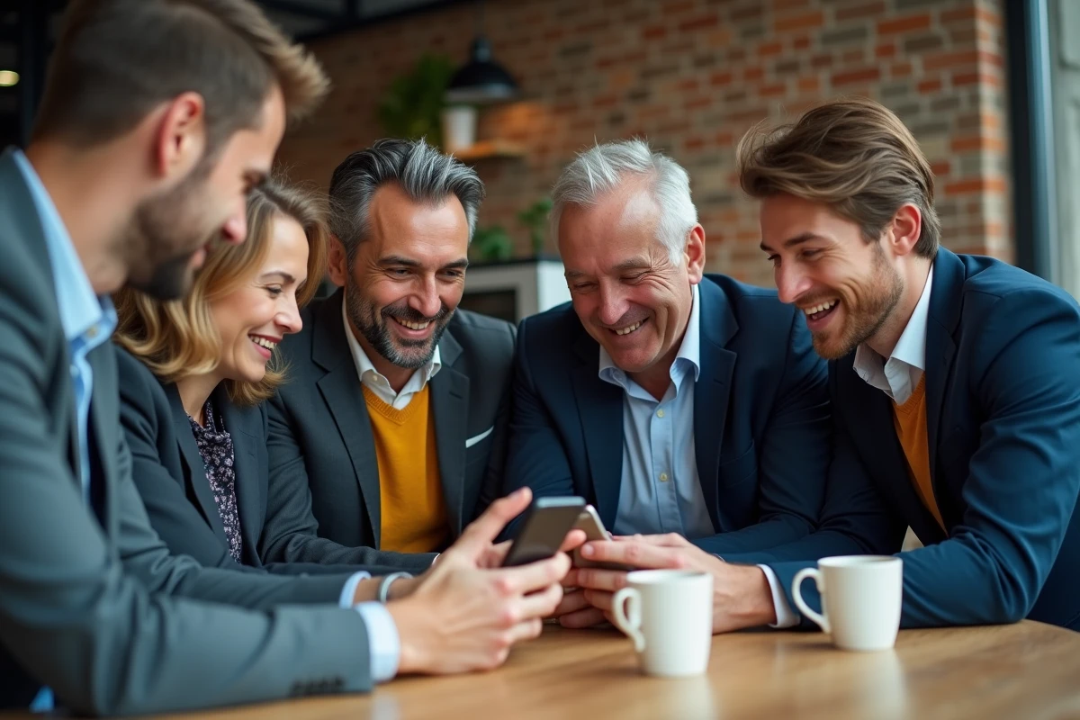 Groupe de collègues regardant un GIF d'anniversaire sur un smartphone dans une salle de pause moderne