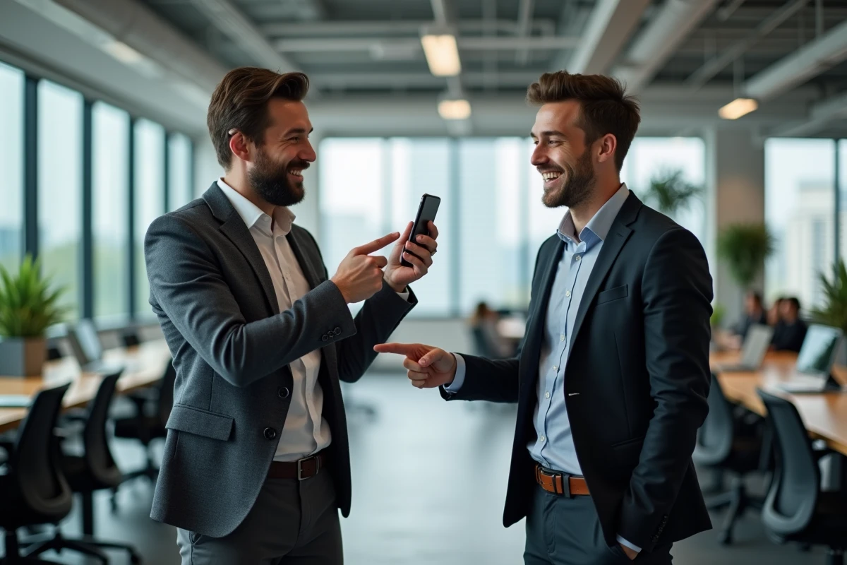 Deux collègues qui rient ensemble en partageant un message drôle bonne journée dans un bureau moderne