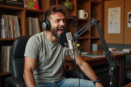 Comedien français parlant dans un micro en studio chaleureux