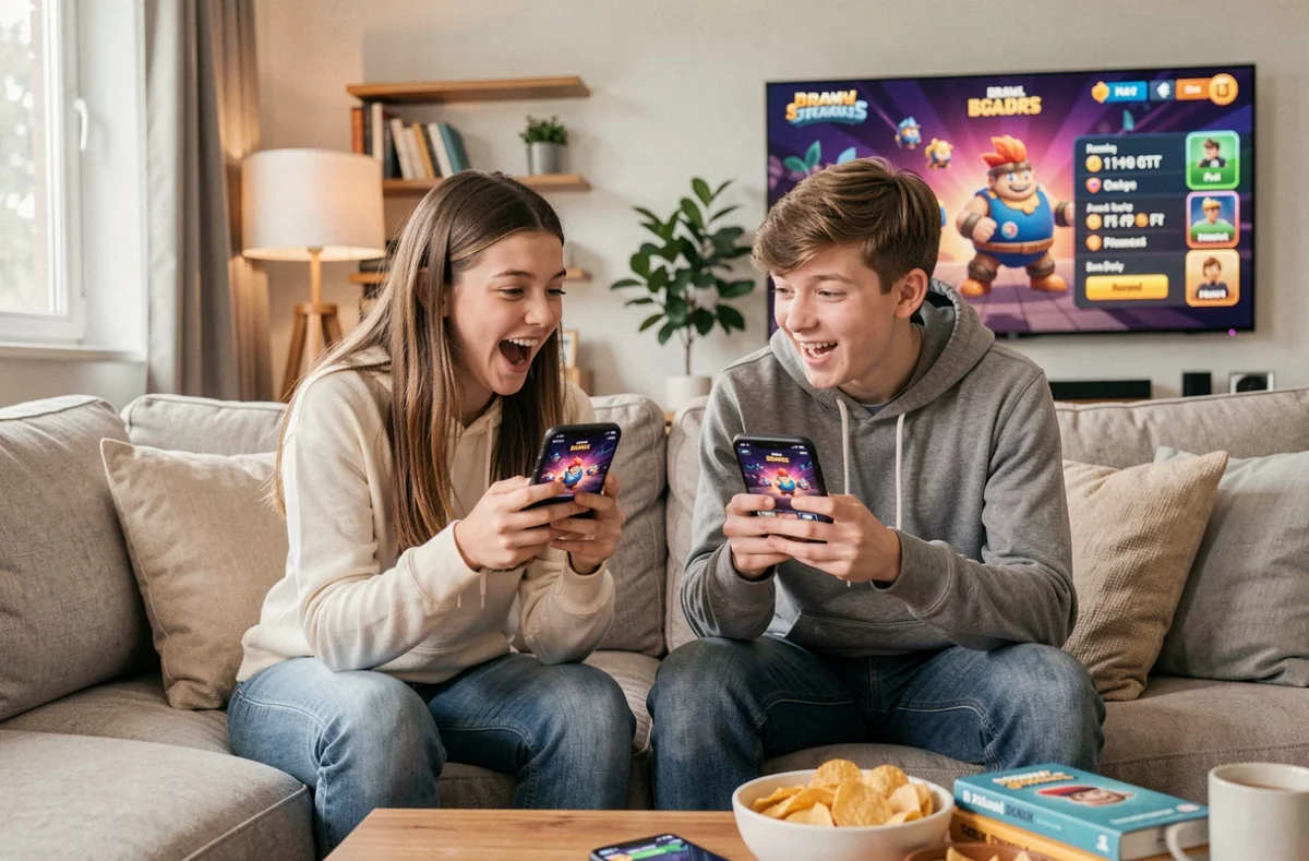 Deux adolescents comparant leurs récompenses de codes Brawl Stars 2026 sur leurs smartphones dans un salon