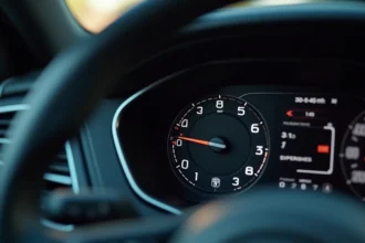 Tableau de bord d'une voiture avec compteur de vitesse indiquant 30 mph et l'équivalent en km/h