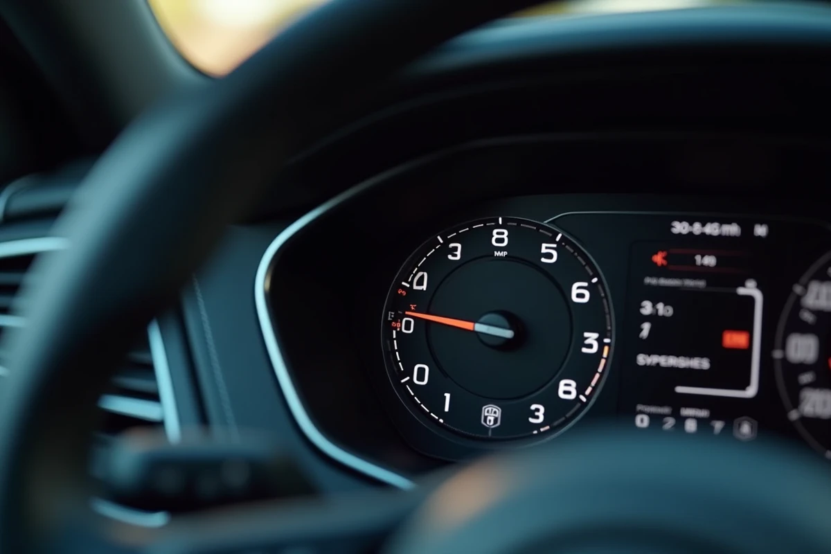 Tableau de bord d'une voiture avec compteur de vitesse indiquant 30 mph et l'équivalent en km/h