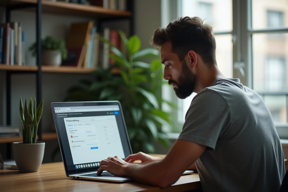 Homme consultant les paramètres de confidentialité d'un site web sur son ordinateur portable dans un bureau à domicile