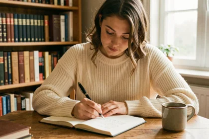 Jeune femme écrivant la conjugaison du verbe jouir dans un cahier de grammaire française à son bureau