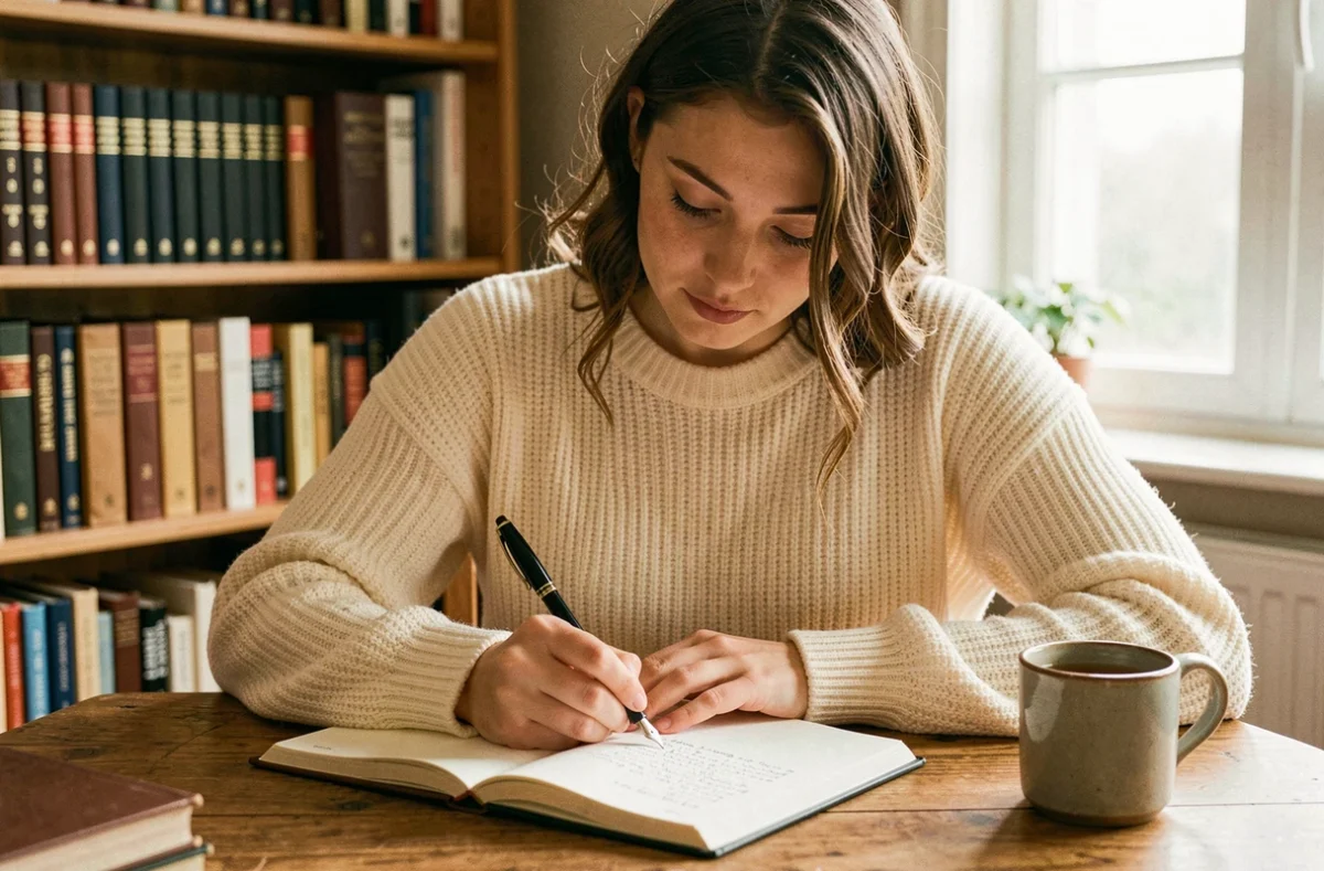 Jeune femme écrivant la conjugaison du verbe jouir dans un cahier de grammaire française à son bureau