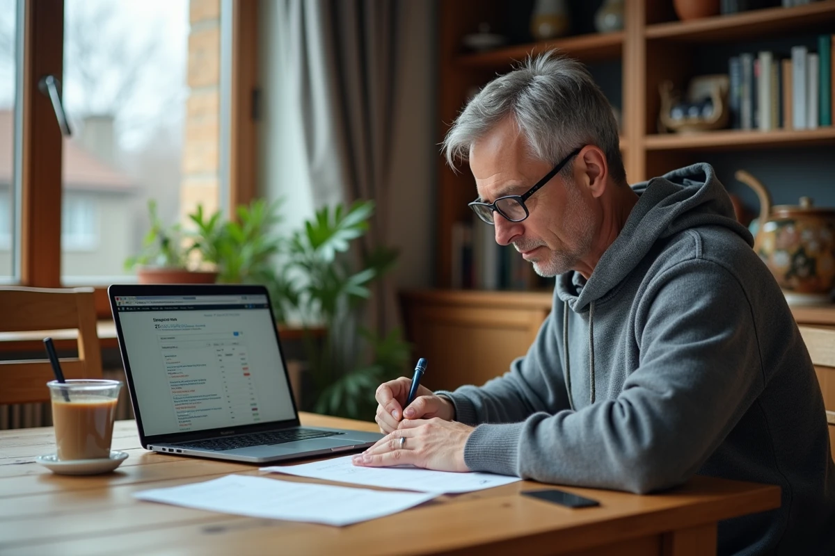 Consultant SEO freelance travaillant depuis chez lui sur une stratégie de mots-clés pour les SERP Google