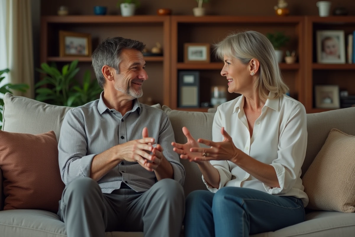 Femme et son fils discutant dans un salon chaleureux