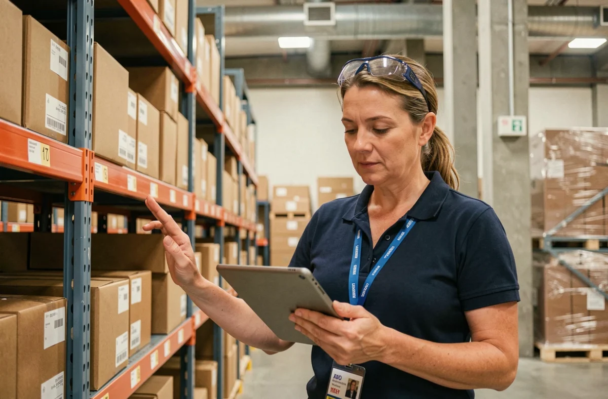 Coordinatrice logistique consultant une tablette devant des rayonnages de colis dans un entrepôt de distribution