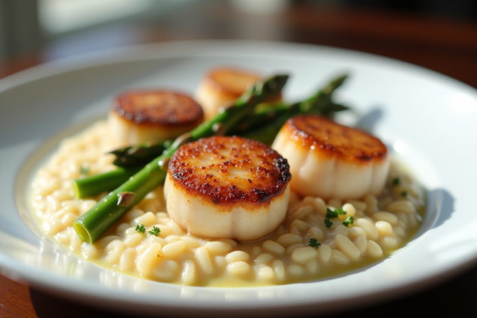 coquilles-sechees-risotto-asperges Coquilles seichees sur assiette blanche avec risotto et asperges