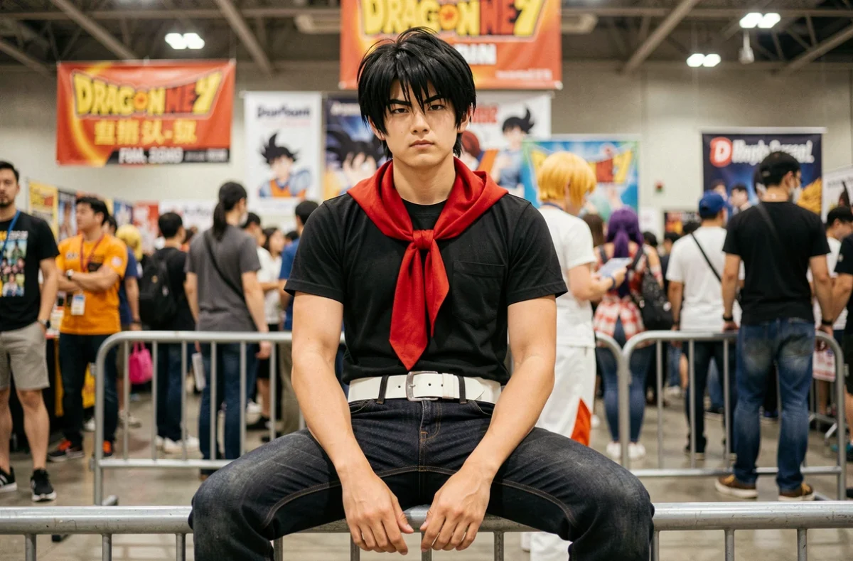 Cosplayeur Androïde 17 assis dans un hall de convention avec foule floue en arrière-plan