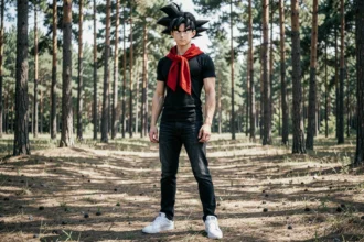 Cosplayeur d'Androïde 17 de Dragon Ball Z en tenue noire avec foulard rouge dans une forêt