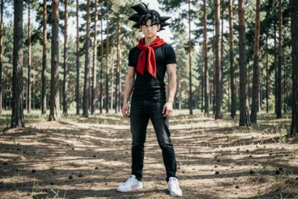 Cosplayeur d'Androïde 17 de Dragon Ball Z en tenue noire avec foulard rouge dans une forêt