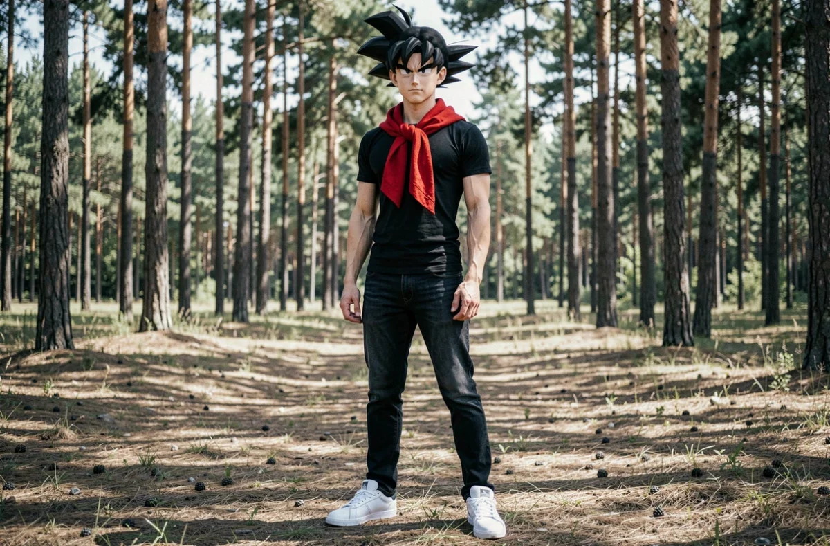 Cosplayeur d'Androïde 17 de Dragon Ball Z en tenue noire avec foulard rouge dans une forêt