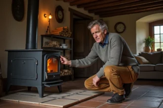Homme d'âge moyen près d'un poêle en fonte dans une maison rustique