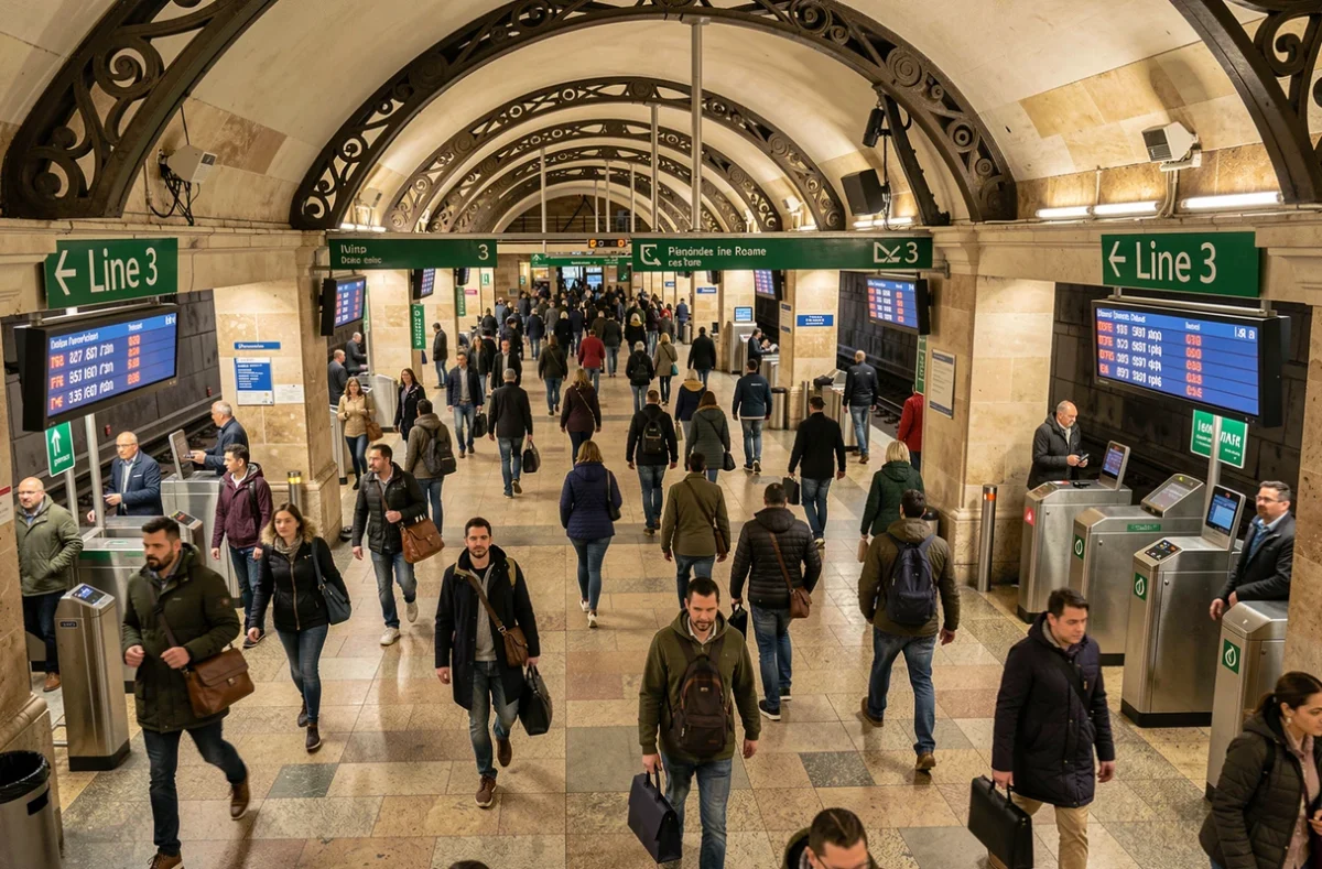 Couloir de correspondance animé d'une station de la ligne 3 du métro RATP avec panneaux de fréquence et voyageurs