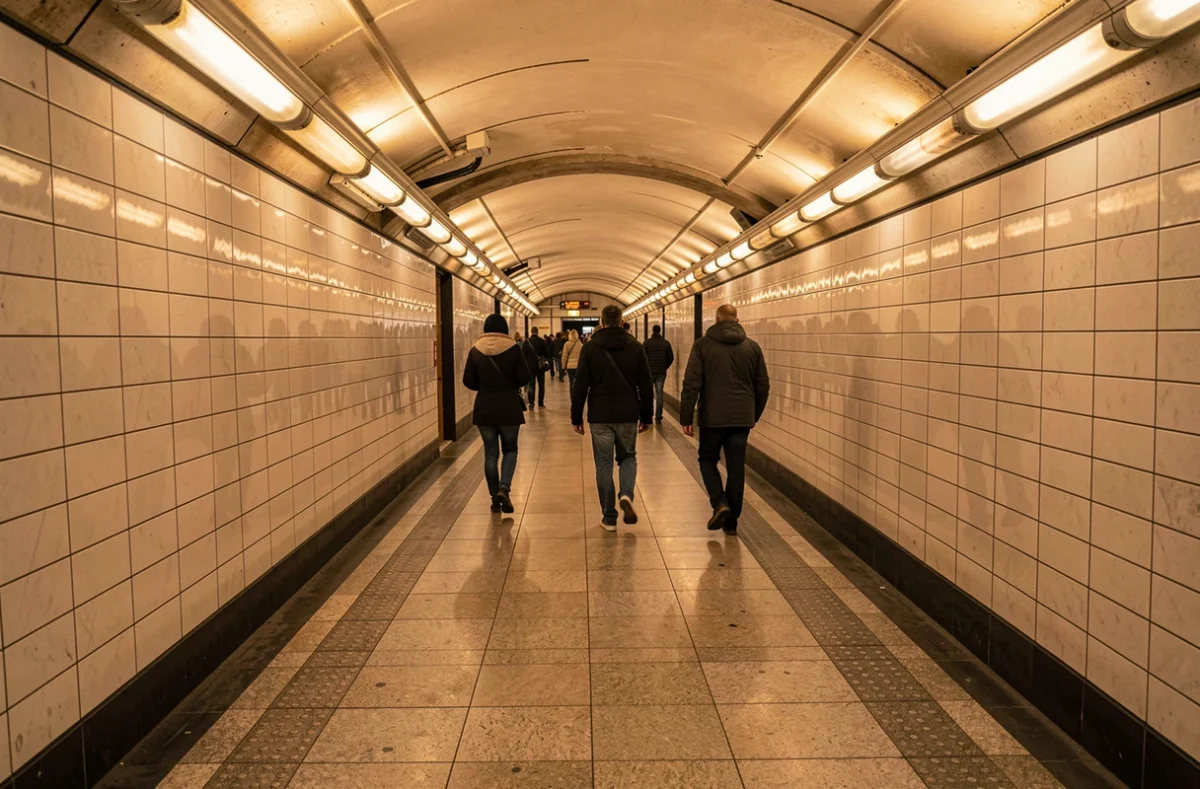 Couloir de correspondance carrelé dans une station de métro