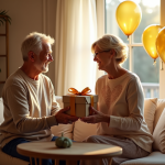 Couple mature échangeant des cadeaux dans un salon décoré