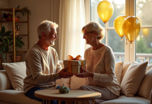Couple mature échangeant des cadeaux dans un salon décoré
