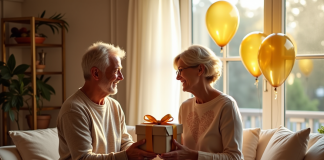 Couple mature échangeant des cadeaux dans un salon décoré