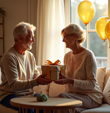 Couple mature échangeant des cadeaux dans un salon décoré