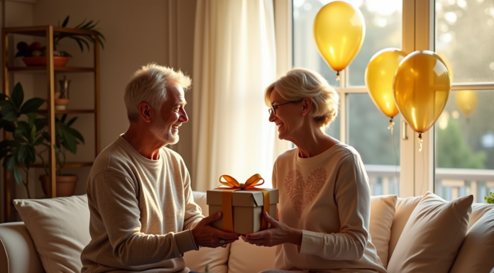 Couple mature échangeant des cadeaux dans un salon décoré