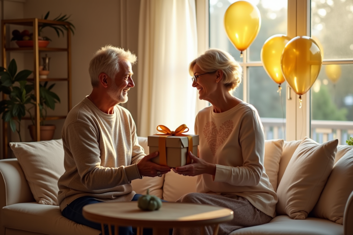 couple-anniversaire-joyeux Couple mature échangeant des cadeaux dans un salon décoré