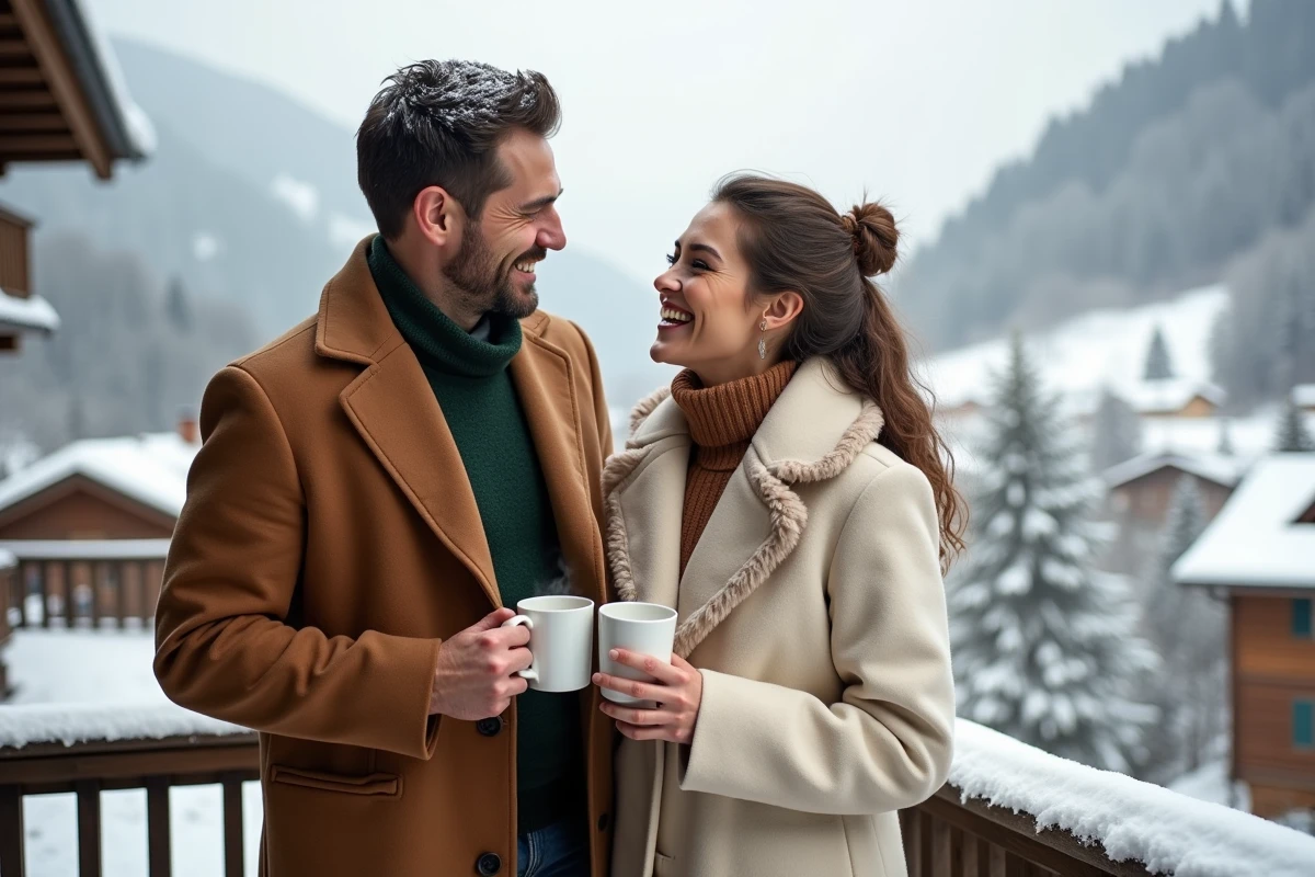 Couple élégant en manteaux chics riant sur une terrasse enneigée de chalet pour célébrer Joyeux Noël 2026 avec style