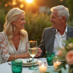 Couple mature souriant lors d'une fête dans un jardin avec décoration verte