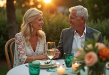 Couple mature souriant lors d'une fête dans un jardin avec décoration verte