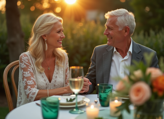 Couple mature souriant lors d'une fête dans un jardin avec décoration verte