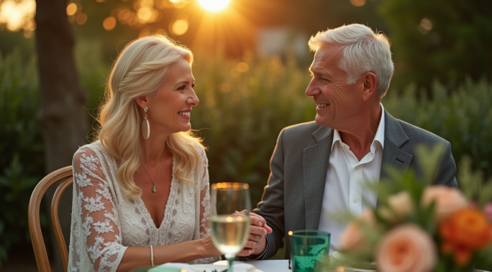 Couple mature souriant lors d'une fête dans un jardin avec décoration verte