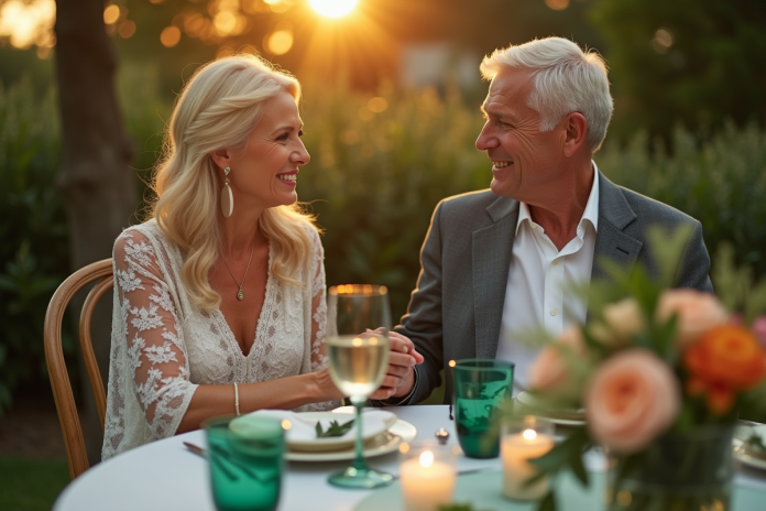 couple-mature-jardin-ecole Couple mature souriant lors d'une fête dans un jardin avec décoration verte