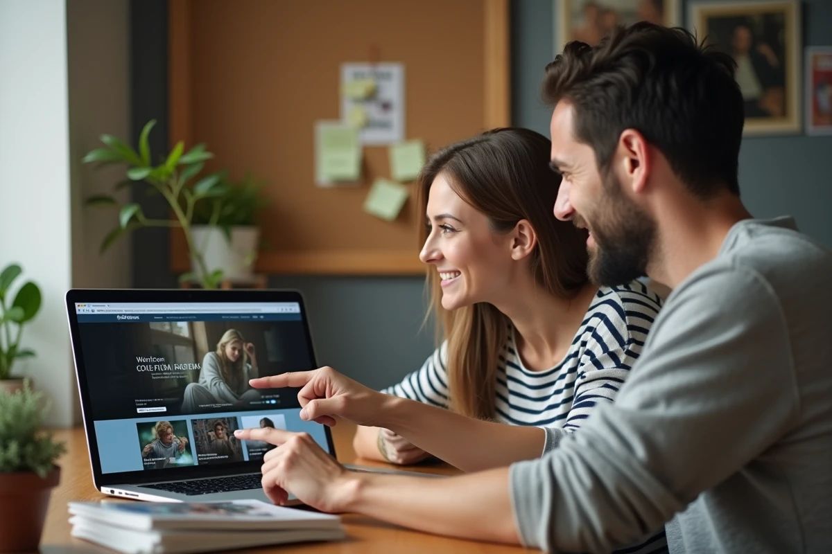 Couple choisissant le film du jour sur un ordinateur portable dans un bureau à domicile
