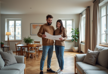 Jeune couple examine un plan immobilier dans un appartement moderne