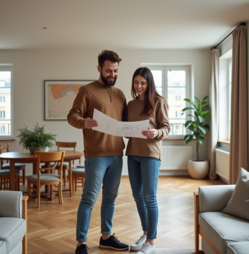Immobilier français : significations du T4, explications claires et détaillées ! Jeune couple examine un plan immobilier dans un appartement moderne