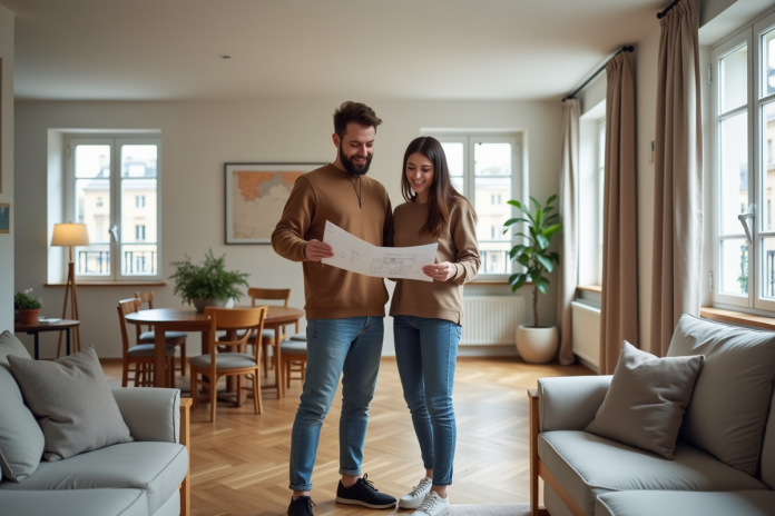 Jeune couple examine un plan immobilier dans un appartement moderne