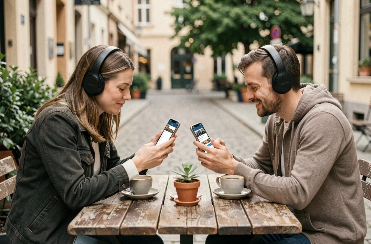 Couple en terrasse de café partageant un casque et écoutant la radio rock en streaming sur smartphone