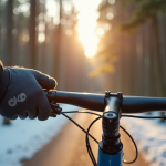Cycliste en hiver portant gants Ekoï dans la forêt