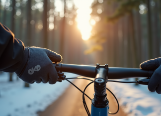 Cycliste en hiver portant gants Ekoï dans la forêt