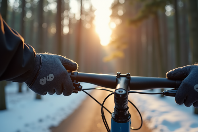 cycliste-hiver-gloves-foret Cycliste en hiver portant gants Ekoï dans la forêt