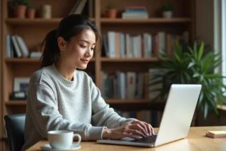 Femme découvrant l'interface Sorlav sur son ordinateur portable dans un bureau à domicile bien organisé