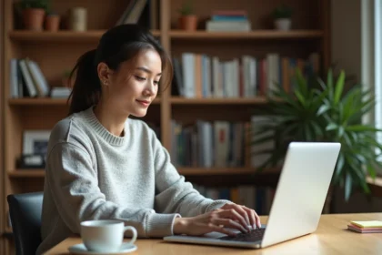 Femme découvrant l'interface Sorlav sur son ordinateur portable dans un bureau à domicile bien organisé