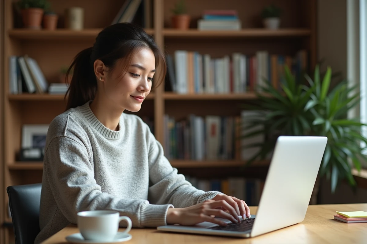 Femme découvrant l'interface Sorlav sur son ordinateur portable dans un bureau à domicile bien organisé
